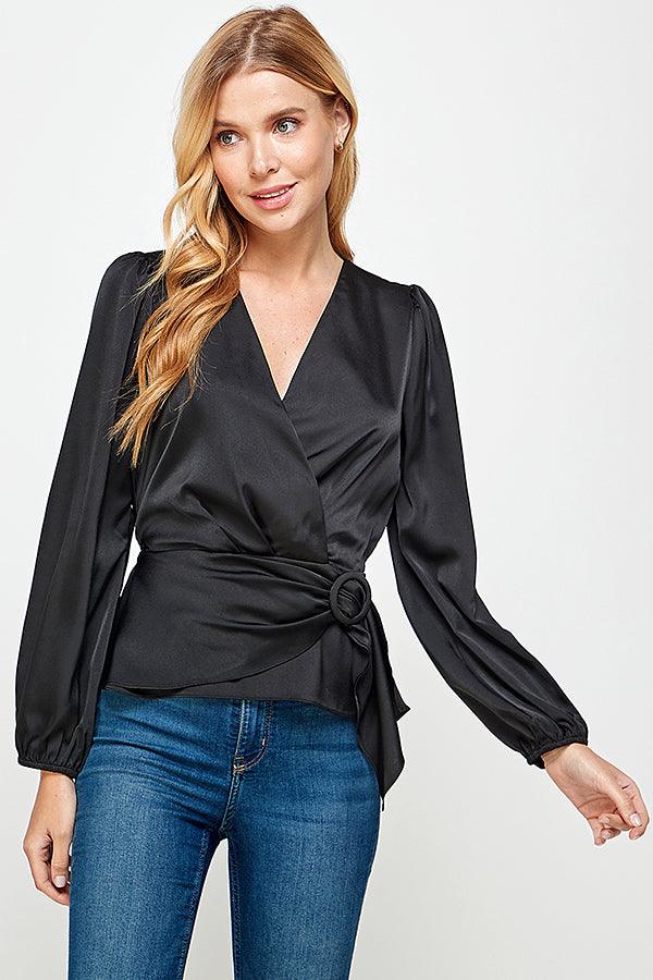 buckle wrap long sleeve peplum blouse - RK Collections Boutique