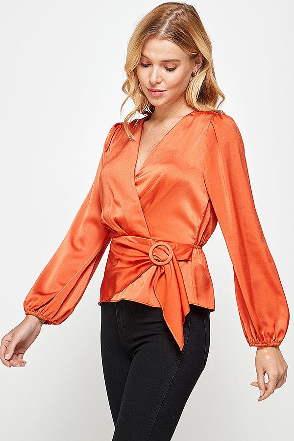 buckle wrap long sleeve peplum blouse - RK Collections Boutique