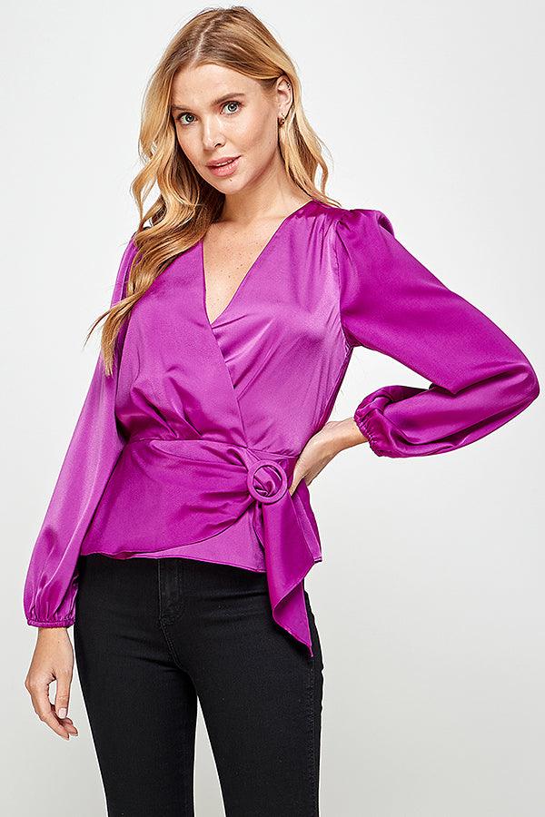 buckle wrap long sleeve peplum blouse - RK Collections Boutique