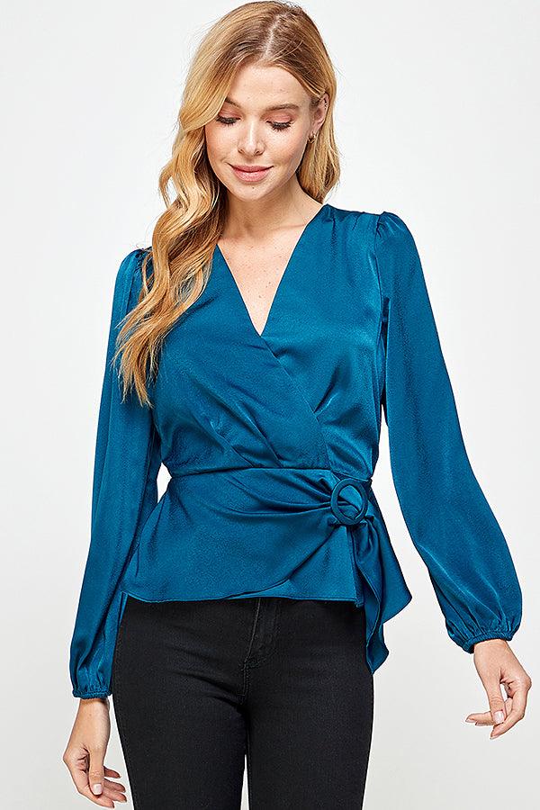 buckle wrap long sleeve peplum blouse - RK Collections Boutique