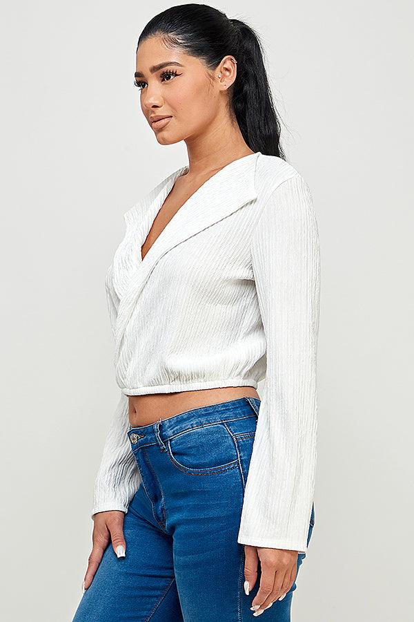 lapel collar surplice long sleeve top - RK Collections Boutique