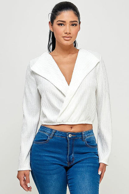 lapel collar surplice long sleeve top - RK Collections Boutique