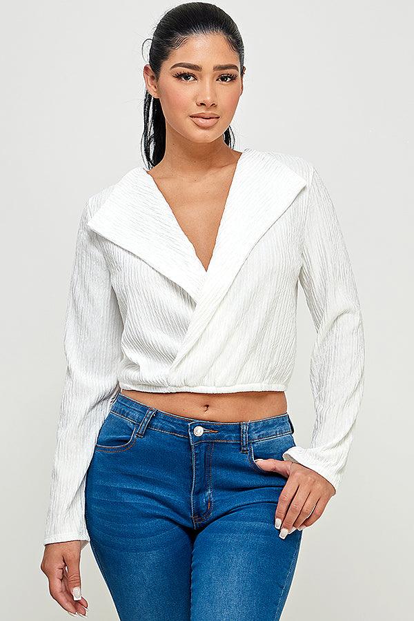 lapel collar surplice long sleeve top - RK Collections Boutique