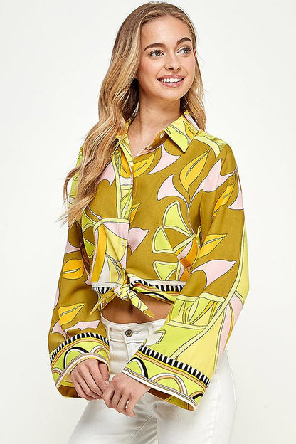 pucci print long bell sleeve crop button down top - RK Collections Boutique