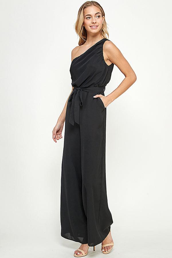 ruched one shoulder jumpsuit w/waist tie - RK Collections Boutique