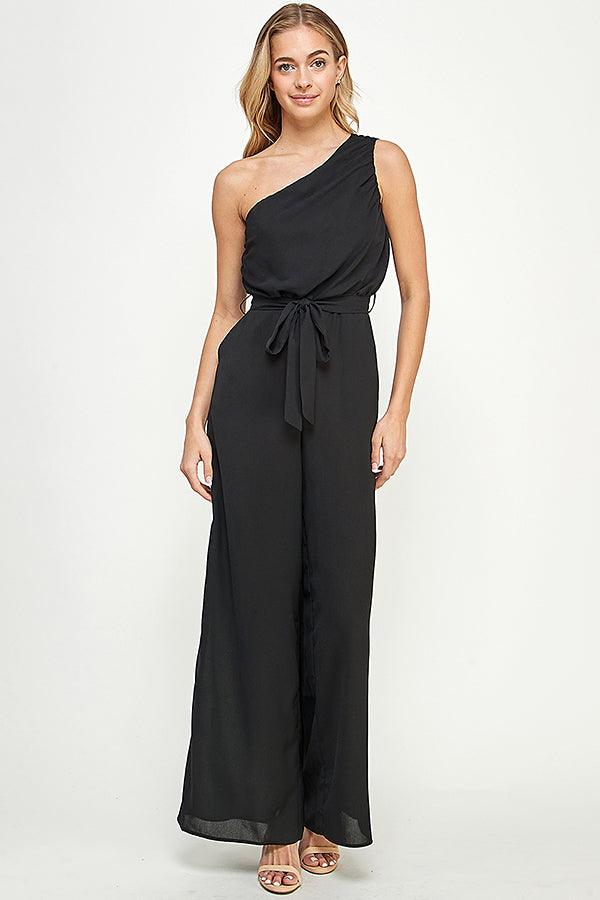 ruched one shoulder jumpsuit w/waist tie - RK Collections Boutique