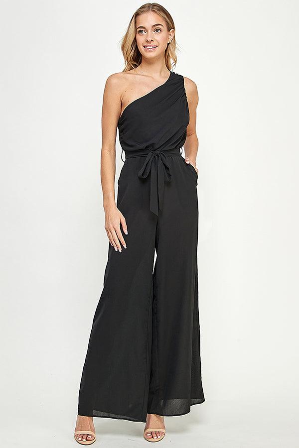 ruched one shoulder jumpsuit w/waist tie - RK Collections Boutique