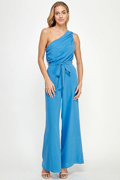 ruched one shoulder jumpsuit w/waist tie - RK Collections Boutique