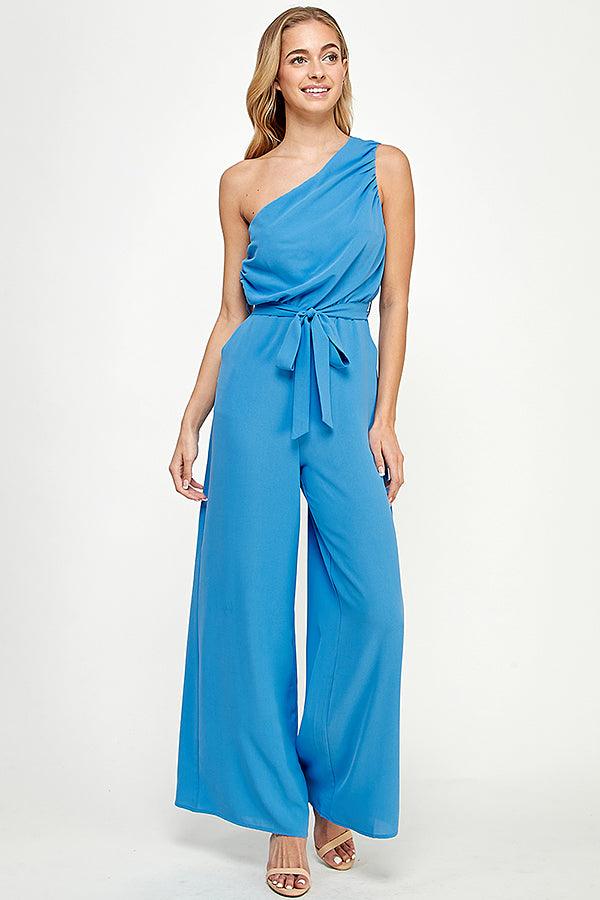 ruched one shoulder jumpsuit w/waist tie - RK Collections Boutique