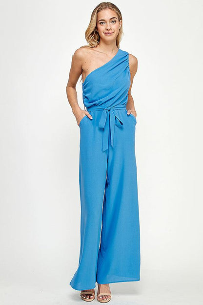 ruched one shoulder jumpsuit w/waist tie - RK Collections Boutique