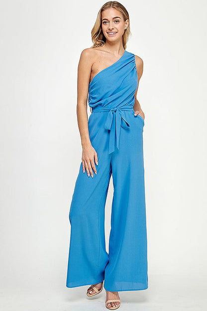 ruched one shoulder jumpsuit w/waist tie - RK Collections Boutique