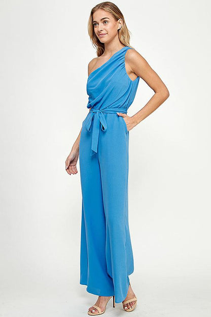 ruched one shoulder jumpsuit w/waist tie - RK Collections Boutique