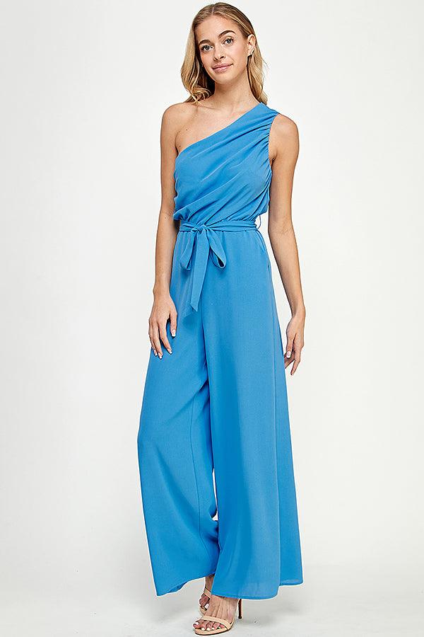 ruched one shoulder jumpsuit w/waist tie - RK Collections Boutique