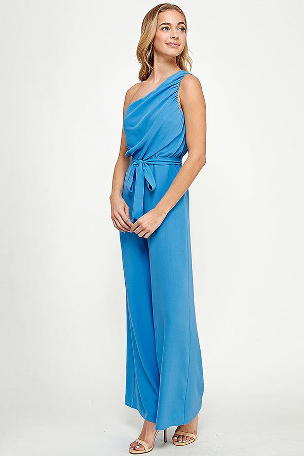 ruched one shoulder jumpsuit w/waist tie - RK Collections Boutique