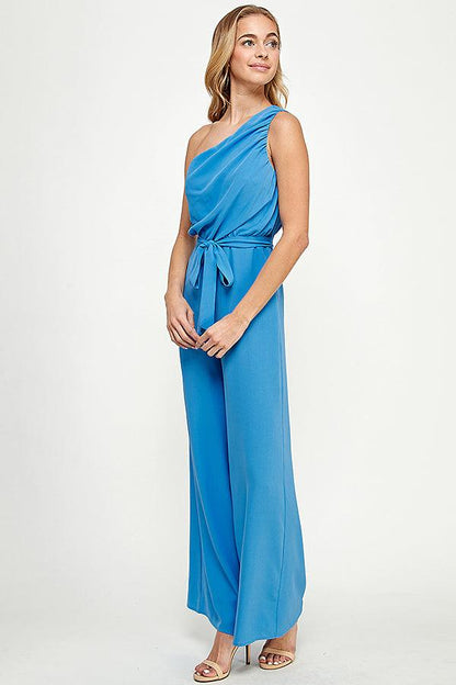 ruched one shoulder jumpsuit w/waist tie - RK Collections Boutique