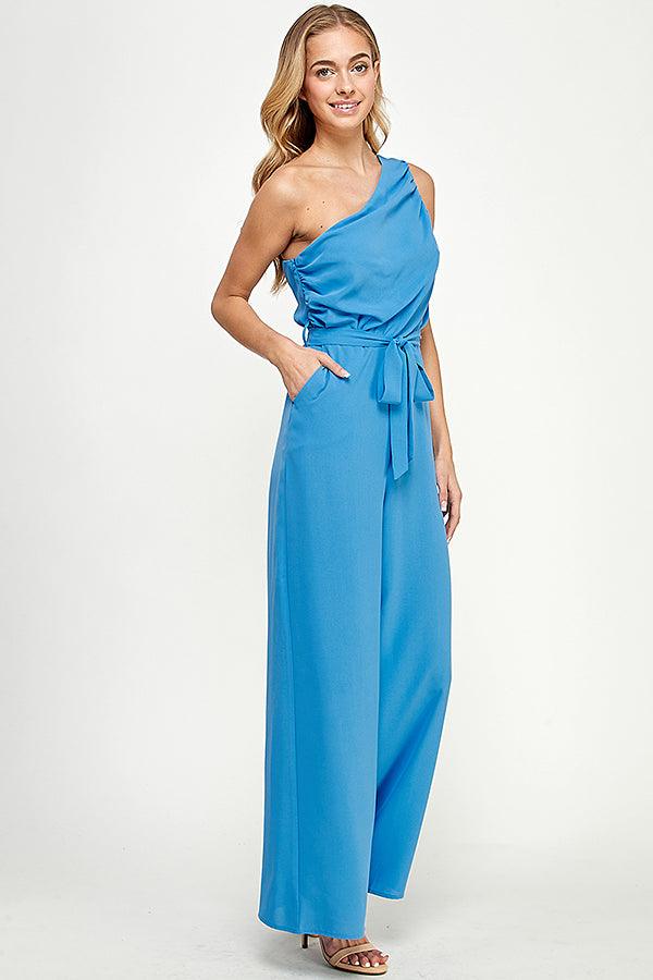 ruched one shoulder jumpsuit w/waist tie - RK Collections Boutique