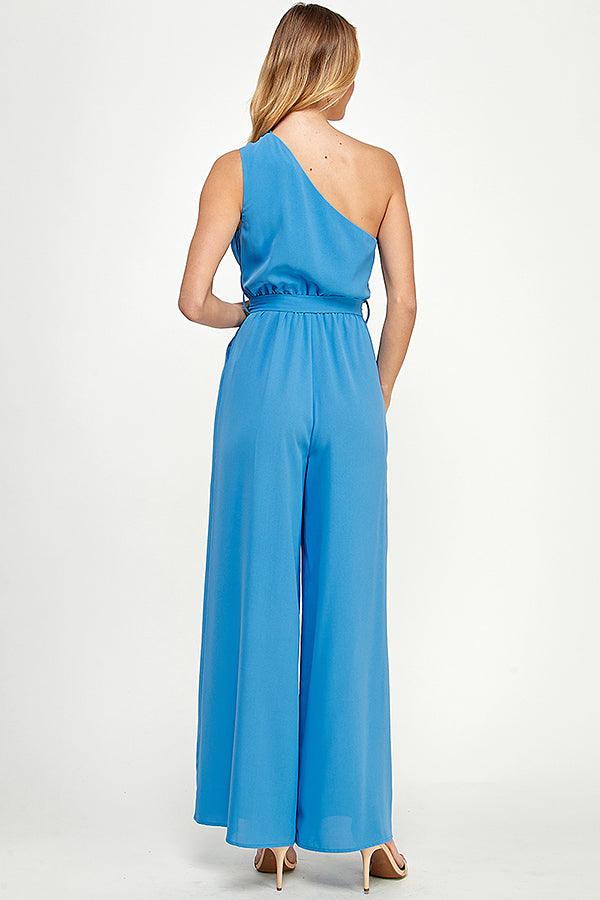 ruched one shoulder jumpsuit w/waist tie - RK Collections Boutique