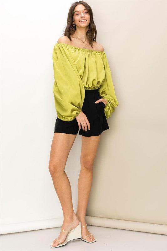 satin off the shoulder balloon sleeve top - RK Collections Boutique