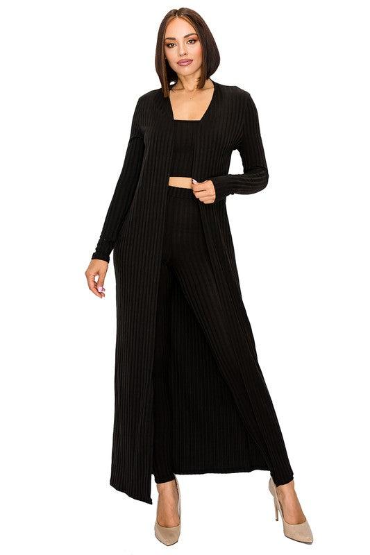 3pc set- ribbed duster cardigan, crop top, & leggings-Pants Set-Gibiu-Black-GST3988H-5849-4-RK Collections Boutique