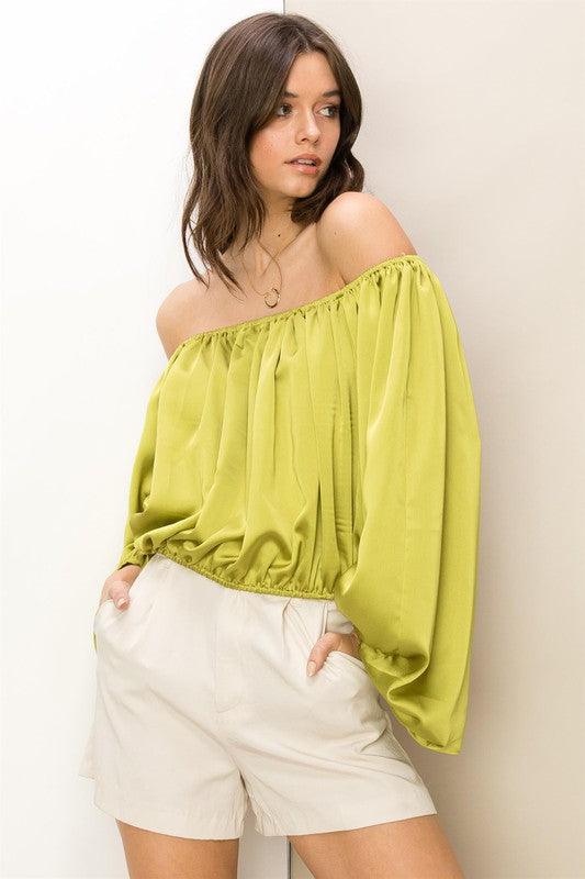 satin off the shoulder balloon sleeve top - RK Collections Boutique