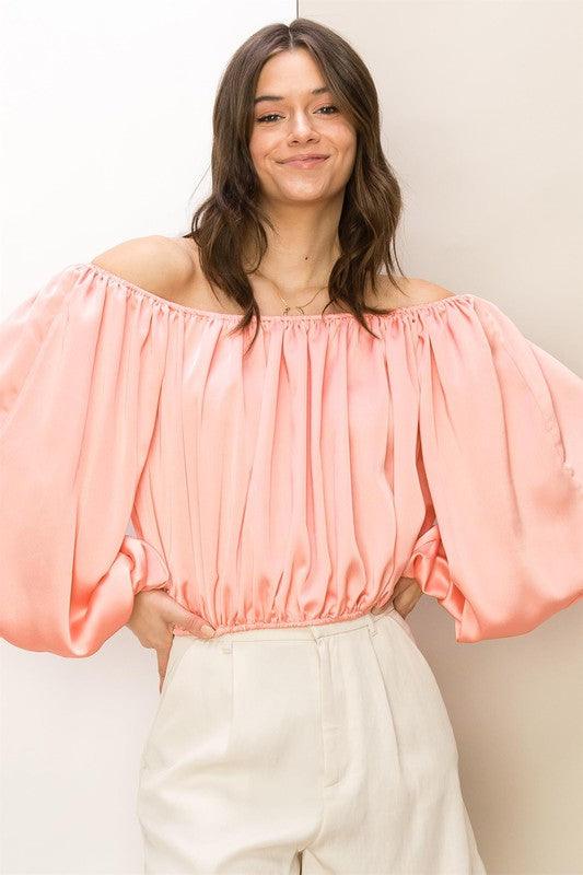 satin off the shoulder balloon sleeve top - RK Collections Boutique