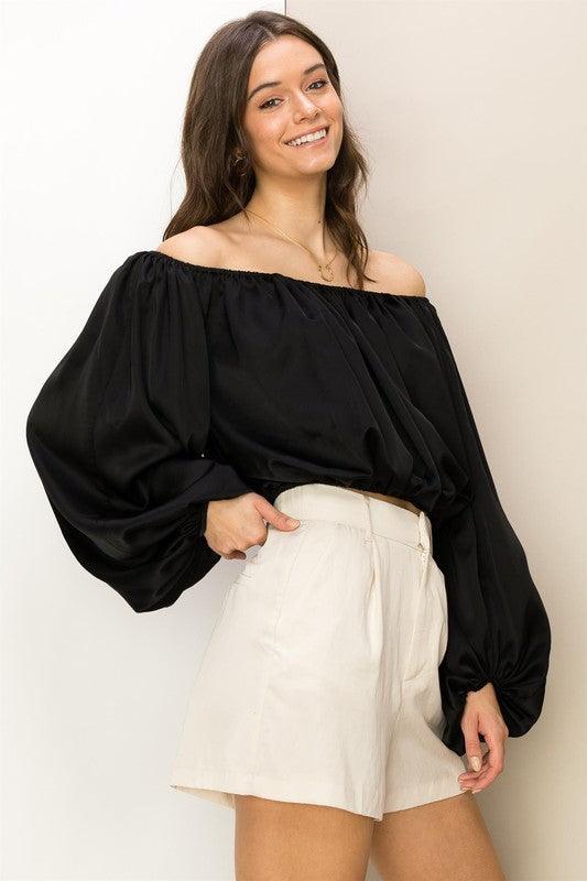 satin off the shoulder balloon sleeve top - RK Collections Boutique