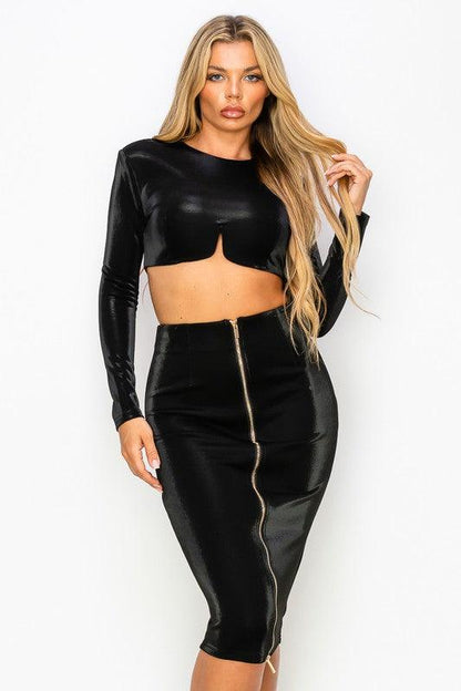 2pc set-long sleeve crop top & zip pencil skirt - RK Collections Boutique