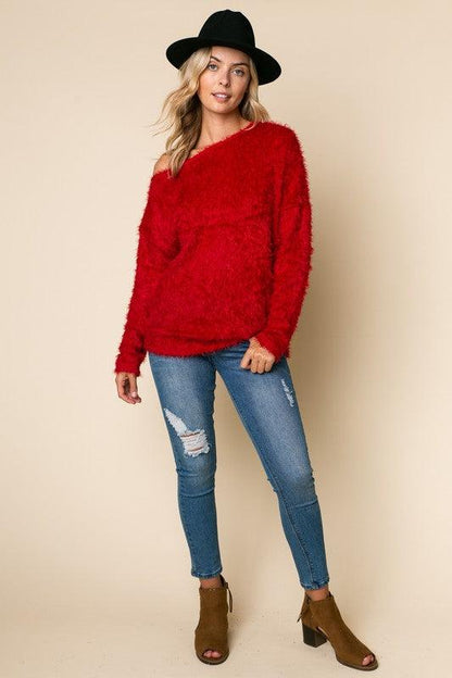 PLUS one shoulder fuzzy sweater - RK Collections Boutique