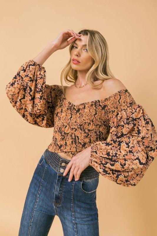 balloon sleeve off the shoulder printed top - RK Collections Boutique