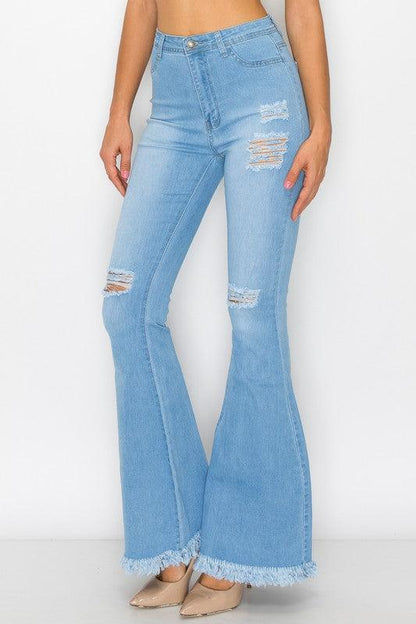 High waist stretch bell bottom jean with rips and fray BC011-Jeans-Lover Brand-RK Collections Boutique