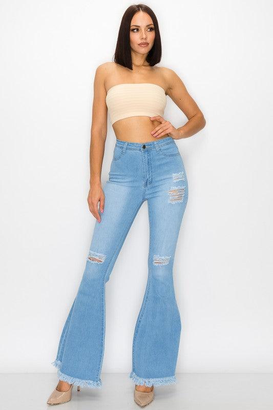 High waist stretch bell bottom jean with rips and fray BC011-Jeans-Lover Brand-RK Collections Boutique