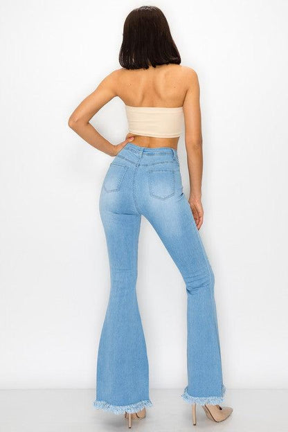 High waist stretch bell bottom jean with rips and fray BC011-Jeans-Lover Brand-RK Collections Boutique