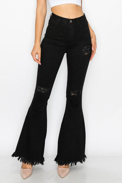 ripped knees high waist stretch bell bottom jeans BC012-Jeans-Lover Brand-RK Collections Boutique