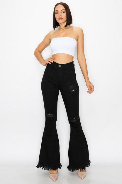 ripped knees high waist stretch bell bottom jeans BC012-Jeans-Lover Brand-RK Collections Boutique