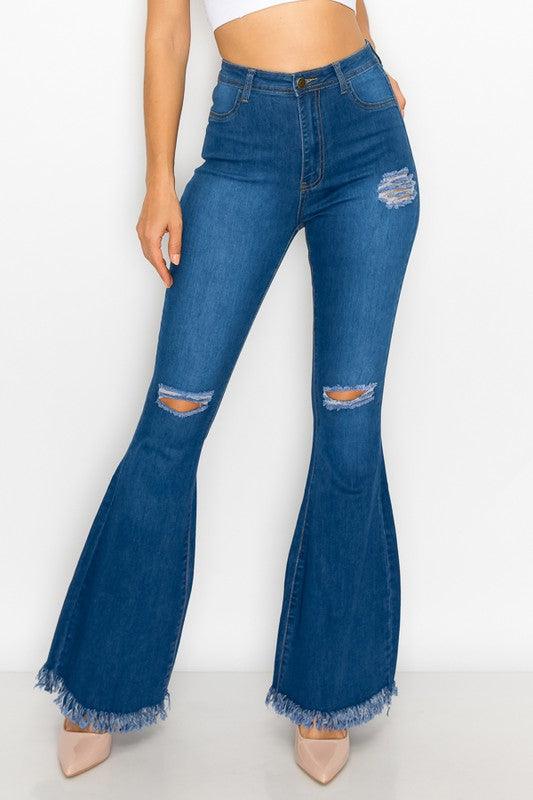 ripped knees high waist stretch bell bottom jeans BC-013-Jeans-Lover Brand-RK Collections Boutique