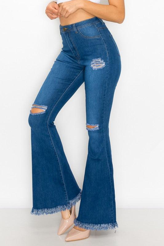 ripped knees high waist stretch bell bottom jeans BC-013-Jeans-Lover Brand-RK Collections Boutique