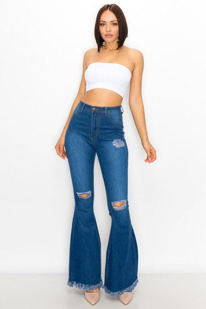 ripped knees high waist stretch bell bottom jeans BC-013-Jeans-Lover Brand-RK Collections Boutique