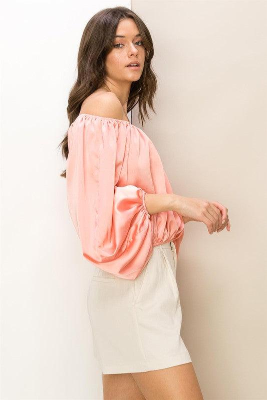 satin off the shoulder balloon sleeve top - RK Collections Boutique