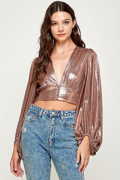 deep v-neck metallic balloon sleeve top - RK Collections Boutique