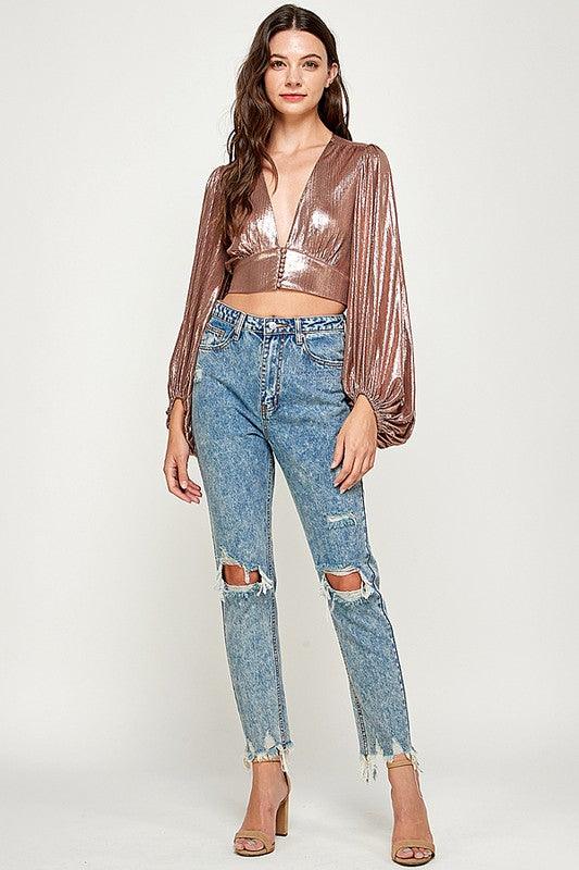 deep v-neck metallic balloon sleeve top - RK Collections Boutique