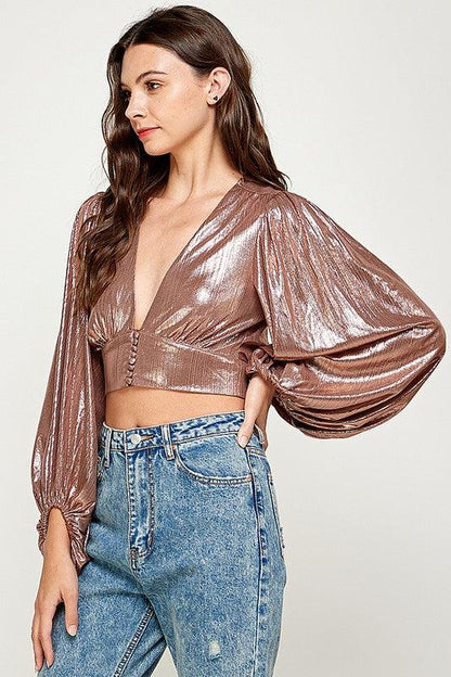 deep v-neck metallic balloon sleeve top - RK Collections Boutique