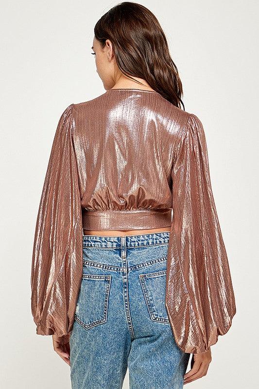 deep v-neck metallic balloon sleeve top - RK Collections Boutique