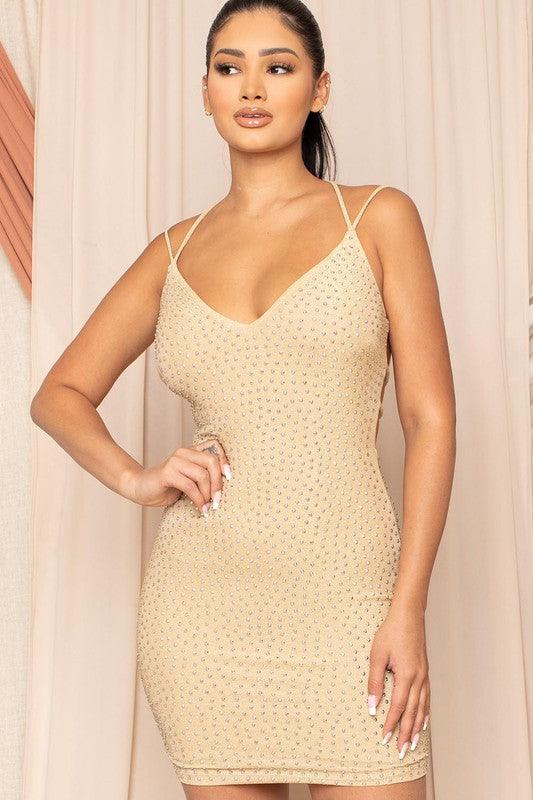 double strap open back rhinestone studded mini dress - RK Collections Boutique