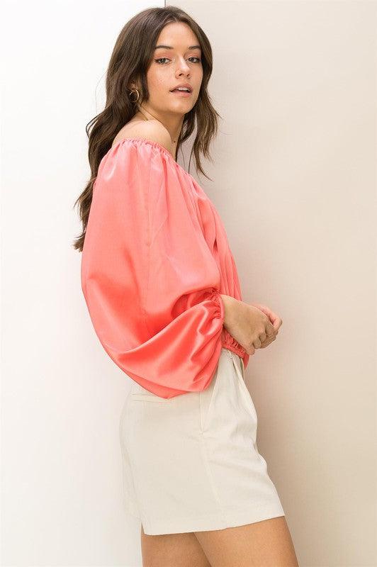 satin off the shoulder balloon sleeve top - RK Collections Boutique