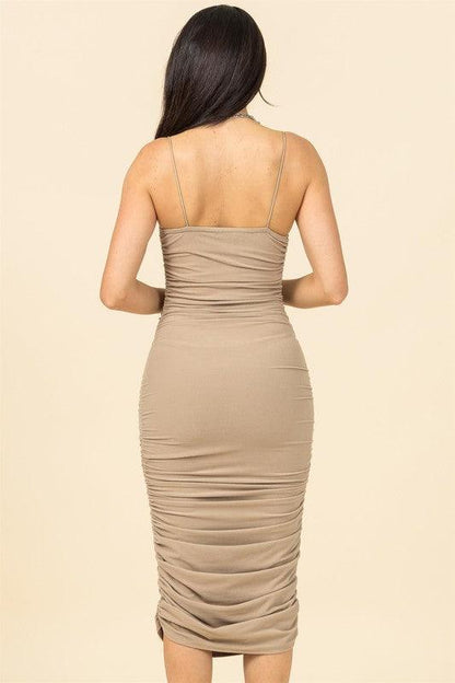 sleeveless square neck ruched midi dress - RK Collections Boutique