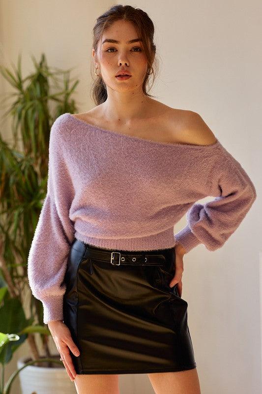 faux fur one shoulder cropped sweater - RK Collections Boutique