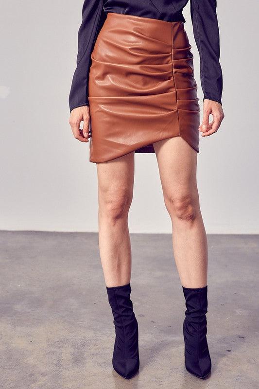 faux leather ruched skirt-Skirts-Do & Be-Toffee-Y19553-7-RK Collections Boutique