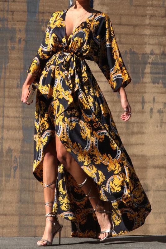 gilded scroll print long sleeve v-neck slit maxi dress-Dress-Maxi-Dress Day-RK Collections Boutique