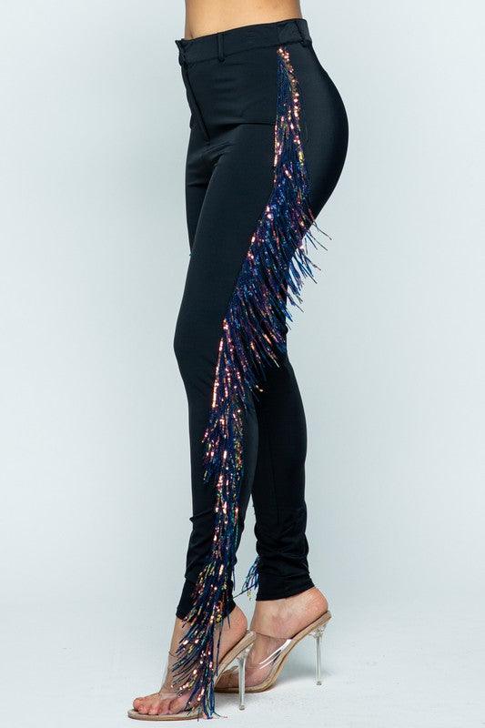 high waist skinny leg pant sequin fringe down legs - RK Collections Boutique