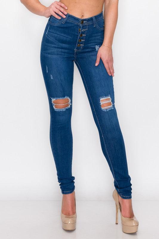 Exposed buttons high waist ripped knee skinny jeans LO166-Jeans-Lover Brand-RK Collections Boutique